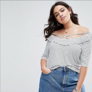 Striped Ruffled Neck Top w Crossed Low Back